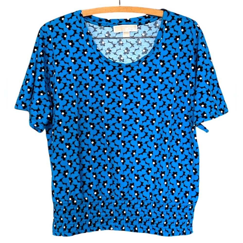 Micheal Kors Short Sleeve Blue Floral Blouse Elastic Gathered Waist SZ L